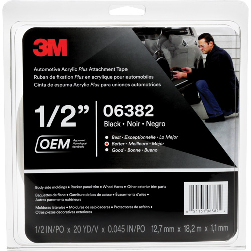3M Automotive Acrylic Tape, 18 M (60') L x 12.7 mm (1/2") W, 45 mils, Acrylic Par Equipment