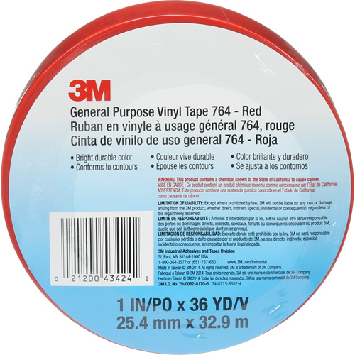 Ruban en vinyle pour travaux g&eacute;n&eacute;raux 764, 25,4 mm (1") la x 32,9 m (108') lo, 5 mils, Rouge Par Equipment