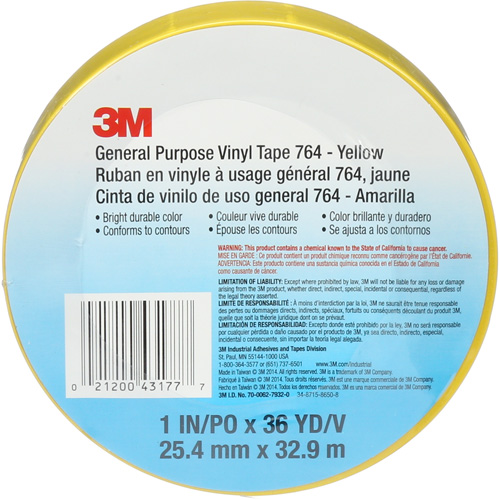 764 General-Purpose Vinyl Tape, 25.4 mm (1") W x 32.9 m (108') L, 5 mils, Yellow Par Equipment