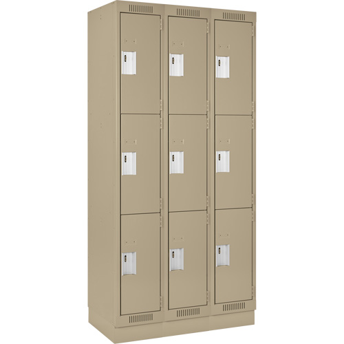 Clean Line Lockers, 3 -tier, Bank of 3, 36" x 18" x 76", Steel, Beige, Rivet (Assembled) Par Equipment