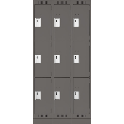 Clean Line Lockers, 3 -tier, Bank of 3, 36" x 18" x 76", Steel, Charcoal, Rivet (Assembled) Par Equipment