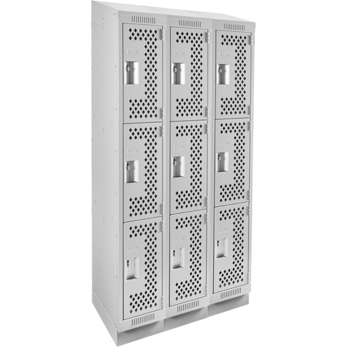 Clean Line Lockers, 3 -tier, Bank of 3, 36" x 18" x 82", Steel, Grey, Rivet (Assembled), Perforated Par Equipment
