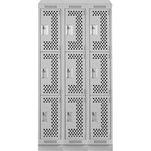 Clean Line Lockers, 3 -tier, Bank of 3, 36" x 18" x 82", Steel, Grey, Rivet (Assembled), Perforated Par Equipment