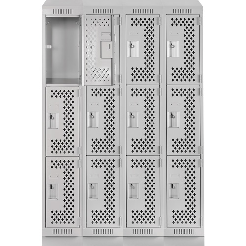 Clean Line Lockers, 3 -tier, Bank of 4, 48" x 18" x 82", Steel, Grey, Rivet (Assembled), Perforated Par Equipment