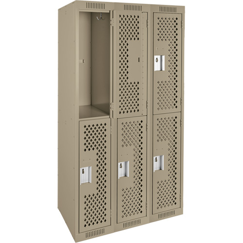 Clean Line Lockers, 2 -tier, Bank of 3, 36" x 15" x 72", Steel, Beige, Rivet (Assembled), Perforated Par Equipment