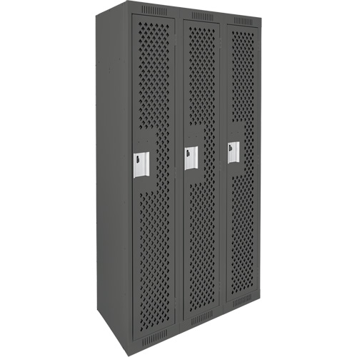 Clean Line Lockers, Bank of 3, 36" x 12" x 72", Steel, Charcoal, Rivet (Assembled), Perforated Par Equipment
