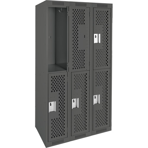 Clean Line Lockers, 2 -tier, Bank of 3, 36" x 15" x 72", Steel, Charcoal, Rivet (Assembled), Perforated Par Equipment