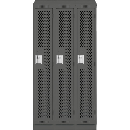 Clean Line Lockers, Bank of 3, 36" x 18" x 82", Steel, Charcoal, Rivet (Assembled), Perforated Par Equipment