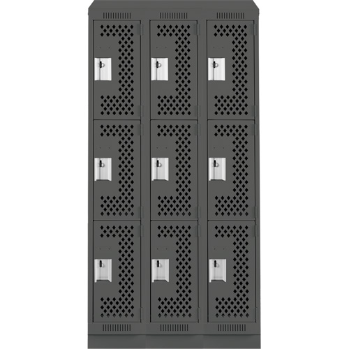 Clean Line Lockers, 3 -tier, Bank of 3, 36" x 18" x 82", Steel, Charcoal, Rivet (Assembled), Perforated Par Equipment