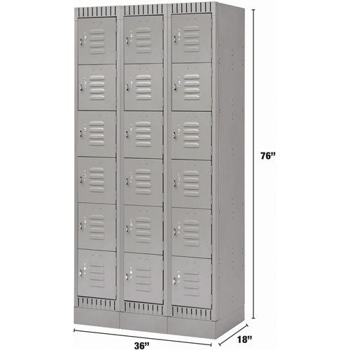 Lockers, 6 -tier, Bank of 3, 36" x 18" x 76", Steel, Grey, Knocked Down Par Equipment