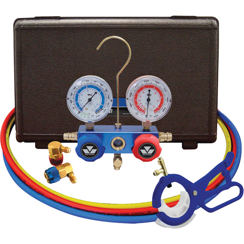 Automotive R134A 2-Way Manifold Gauge Set with 3-In-1 Side Mount Can Tap Valve Par Equipment