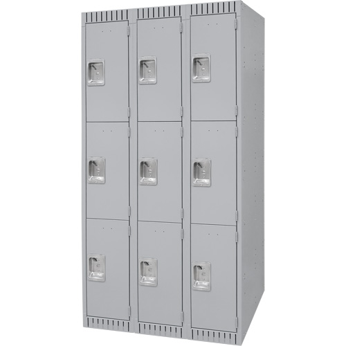 Lockers, 3 -tier, Bank of 3, 36" x 18" x 72", Steel, Grey, Knocked Down Par Equipment