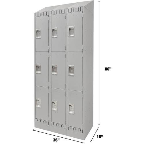 Lockers, 3 -tier, Bank of 3, 36" x 18" x 86", Steel, Grey, Knocked Down Par Equipment