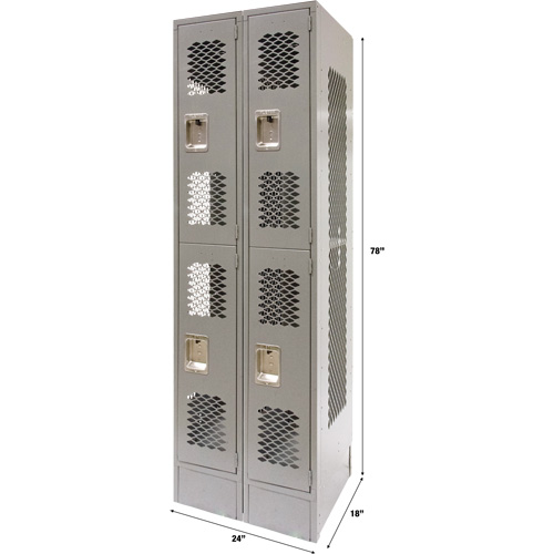 Vented Lockers, 2 -tier, Bank of 2, 24" x 18" x 78", Steel, Grey, Knocked Down, Perforated Par Equipment