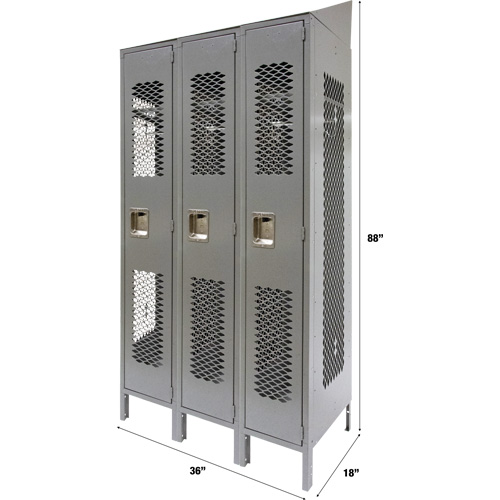 Vented Lockers, Bank of 3, 36 x 18" x 88", Steel, Grey, Knocked Down, Perforated Par Equipment