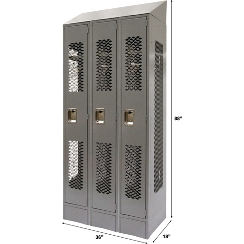 Vented Lockers, Bank of 3, 36 x 18" x 88", Steel, Grey, Knocked Down, Perforated Par Equipment