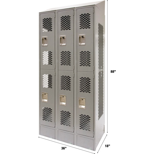 Vented Lockers, 2 -tier, Bank of 3, 36 x 18" x 88", Steel, Grey, Knocked Down, Perforated Par Equipment