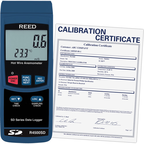 Thermo-an&eacute;mom&egrave;tres &agrave; fil chaud avec enregistrement de donn&eacute;es et certificat de calibration, Enregistrement des donn&eacute;es, Gamme de v&eacute;locit&eacute; d'air de 0,2 - 25 m/sec Par Equipment
