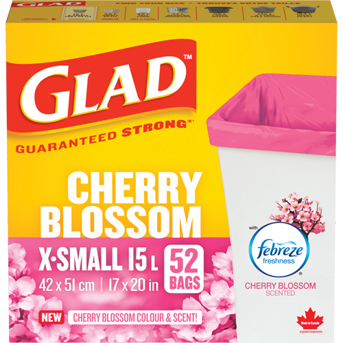 Glad&reg; Cherry Blossom Coloured & Scented Bags, Strong, 17" W x 20" L, Pink, 15 L (3.96 Gal.) Capacity Par Equipment