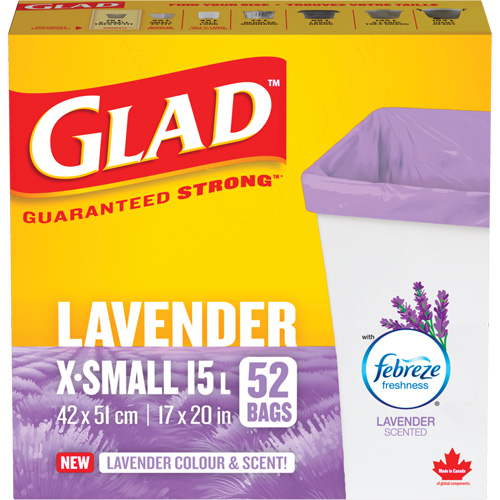 Sacs parfum&eacute;s et de couleur lavande de Glad, Fort, 17" la x 20" lo, Mauve, Capacit&eacute; 15 L (3,96 gal) Par Equipment