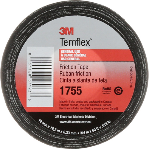Ruban de chatterton Temflex 1755, 19 mm (3/4") x 18,28 m (60'), Noir Par Equipment