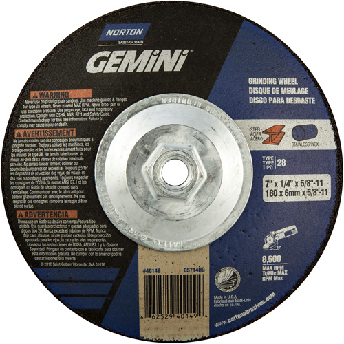 Meule soucoupes Gemini, 7" x 1/4", Arbre 5/8"-11, Oxyde d'aluminium, Type 28 Par Equipment