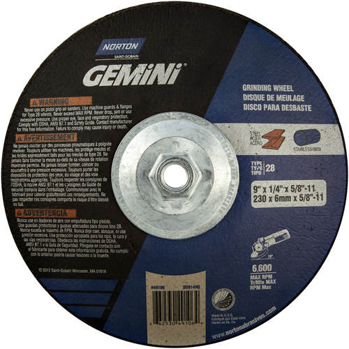 Meule soucoupes Gemini, 9" x 1/4", Arbre 5/8"-11, Oxyde d'aluminium, Type 28 Par Equipment