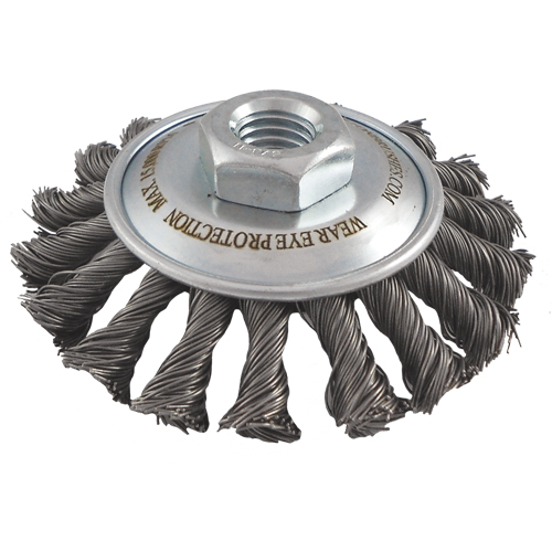 Knotted Wire Wheel Saucer Brushes, 4" Dia., 0.02" Fill, 5/8"-11 Arbor, Steel Par Equipment