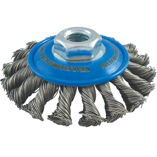 Knotted Wire Wheel Saucer Brushes, 5" Dia., 0.02" Fill, 5/8"-11 Arbor, Stainless Steel Par Equipment