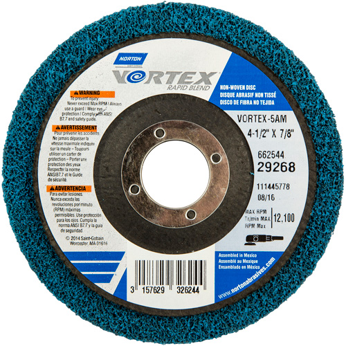 Meule non tiss&eacute;e Vortex, 4-1/2" dia. x 1/2" la, Arbre 7/8", Oxyde d'aluminium Par Equipment