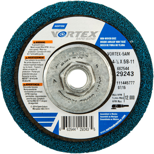 Meule abrasive non tiss&eacute;e &agrave; moyeu d&eacute;port&eacute; Vortez Rapid Blend, 4-1/2" dia., Grain 100-120, Oxyde d'aluminium Par Equipment