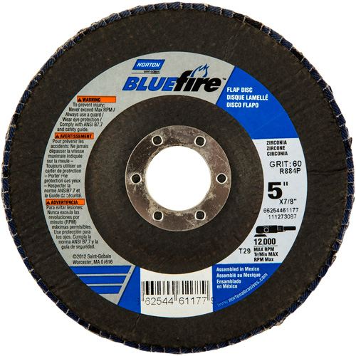 BlueFire Flap Disc, 5" x 7/8", Type 29, 36 Grit, Zirconia Alumina Par Equipment