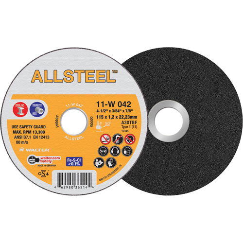 AllSteel Cut-Off Wheel, 4-1/2" x 3/64", 7/8" Arbor, Type 1, Aluminum Oxide, 13300 RPM Par Equipment