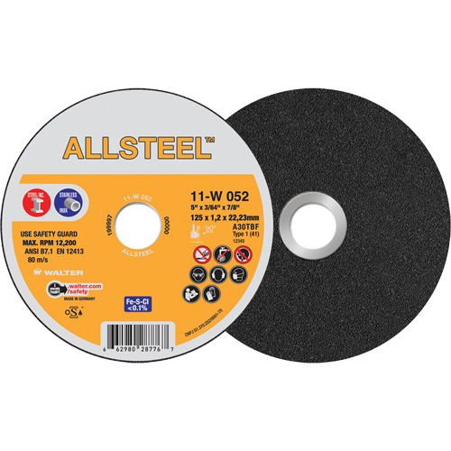 Meule &agrave; tronçonner AllSteel, 5" x 3/64", Arbre de 7/8", Type 1, Oxyde d'aluminium, 12250 Tr/min Par Equipment