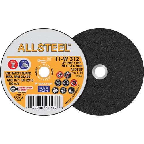 AllSteel Mini Cut-Off Wheel, 3" x 1/16", 1/4" Arbor, Type 1, Aluminum Oxide, 25470 RPM Par Equipment