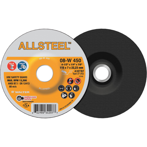 AllSteel Grinding Wheel, 4-1/2" x 1/4", 7/8" Arbor, Aluminum Oxide, Type 27 Par Equipment
