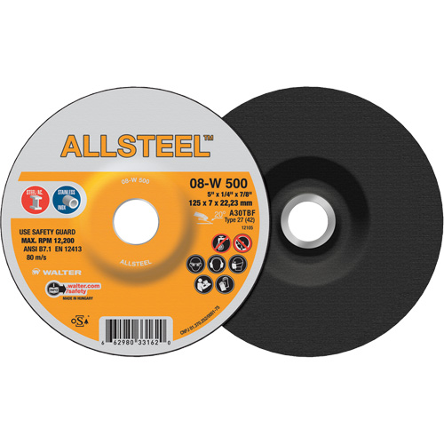 Meule AllSteel, 5" x 1/4", Arbre 7/8", Oxyde d'aluminium, Type 27 Par Equipment
