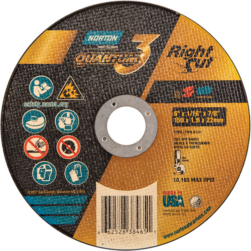 Quantum3 RightCut Cut-Off Wheel, 6" x 1/16", 7/8" Arbor, Type 01/41, Aluminum Oxide, 10185 RPM Par Equipment