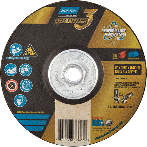 Disque de rectification et de tronçonnage Quantum3, 6" x 1/8", Arbre de 5/8"-11, Type 27, Grain de 24, C&eacute;ramique d'alumine Par Equipment