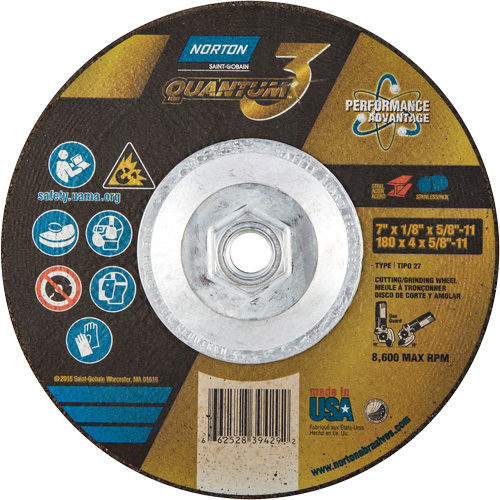Quantum3 Grinding & Cutting Wheel, 7" x 1/8", 5/8"-11 Arbor, Type 27, 24 Grit, Ceramic Alumina Par Equipment