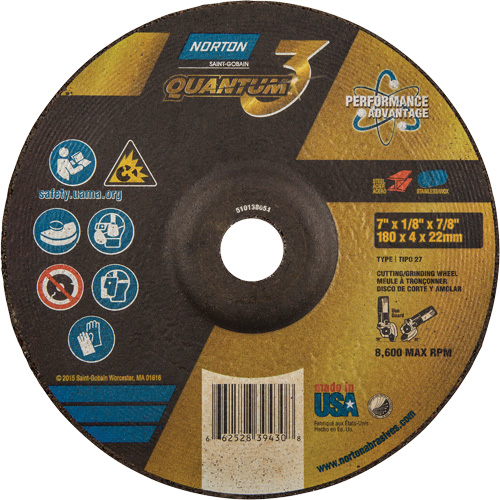 Disque de rectification et de tronçonnage Quantum3, 7" x 1/8", Arbre de 7/8", Type 27, Grain de 24, C&eacute;ramique d'alumine Par Equipment