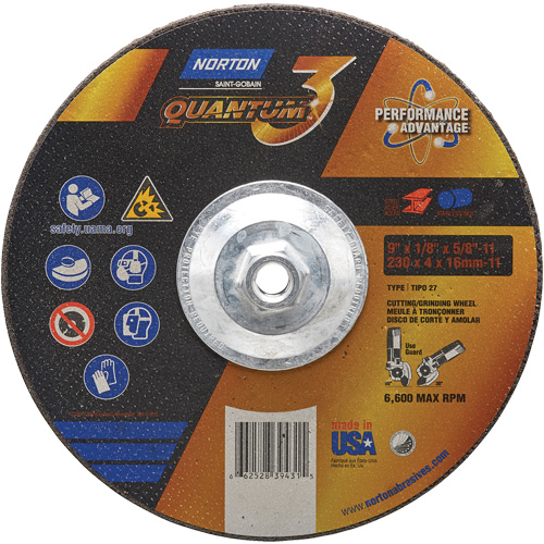 Disque de rectification et de tronçonnage Quantum3, 9" x 1/8", Arbre de 5/8"-11, Type 27, Grain de 24, C&eacute;ramique d'alumine Par Equipment