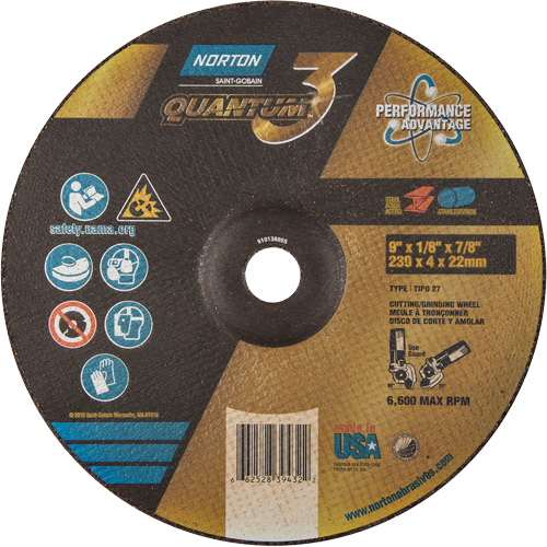 Disque de rectification et de tronçonnage Quantum3, 9" x 1/8", Arbre de 7/8", Type 27, Grain de 24, C&eacute;ramique d'alumine Par Equipment