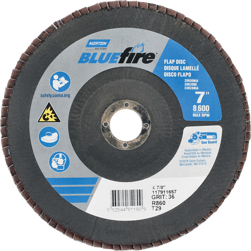 BlueFire&reg; R884P/R884V/R860 Center Mount Fiberglass Conical Flap Disc, 7" x 7/8", Type 29, P36 Grit, Zirconia Alumina Par Equipment