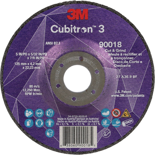 Cubitron 3 Cut & Grind Wheel, 5" x 5/32", 7/8" Arbor, Type T27, 36+ Grit, Ceramic Par Equipment