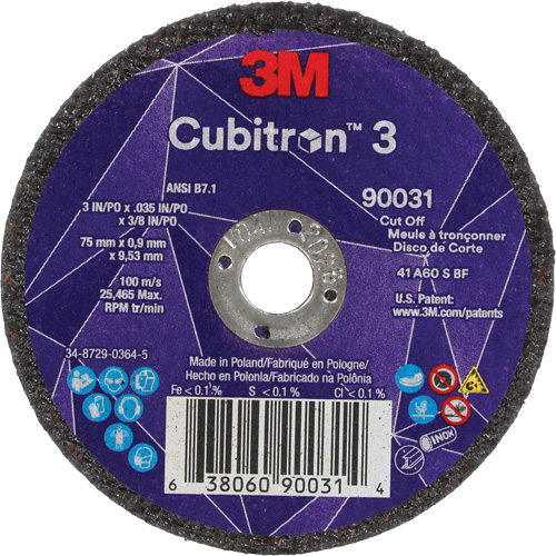 Meule &agrave; tronçonner Cubitron 3, 3" x 0,035", Arbre de 3/8", Type T1, C&eacute;ramique, 21000 Tr/min Par Equipment