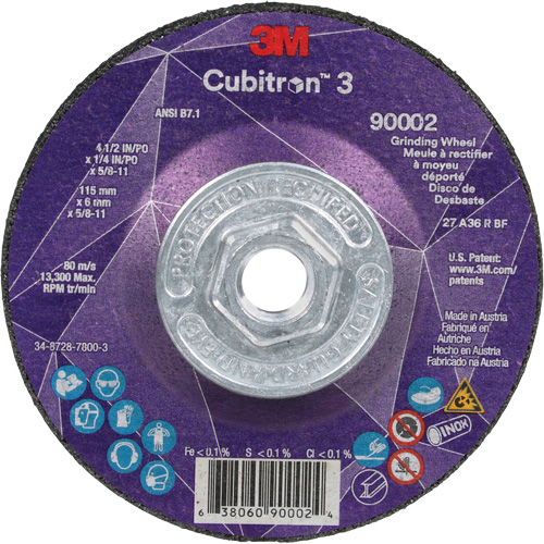 Meule a moyeu d&eacute;port&eacute; Cubitron 3, 4-1/2" x 1/4", Arbre 5/8"-11, C&eacute;ramique, Type T27 Par Equipment