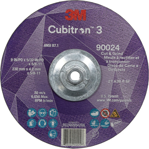 Meule &agrave; rectifier et &agrave; tronçonner Cubitron 3, 9" x 5/32", Arbre de 5/8"-11, Type 27, Grain de 36, C&eacute;ramique Par Equipment