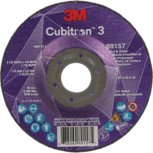 Meule &agrave; rectifier et &agrave; tronçonner Cubitron 3, 4-1/2" x 1/8", Arbre de 7/8", Type 27, Grain de 36, C&eacute;ramique Par Equipment