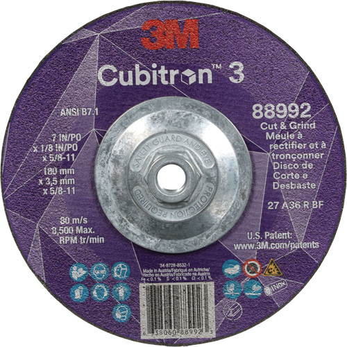Cubitron 3 Cut and Grind Wheel, 7" x 1/8", 5/8"-11 Arbor, Type 27, 36 Grit, Ceramic Par Equipment